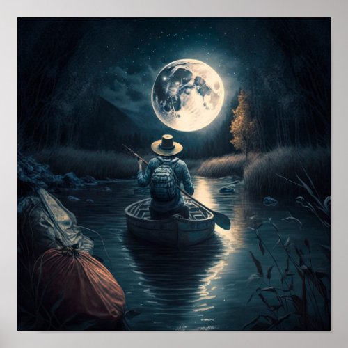 Man in a boat with a big moon in the forest poster