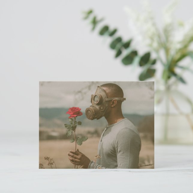 man in a Gas Mask with a Red Rose apocalyptic Postcard (Standing Front)