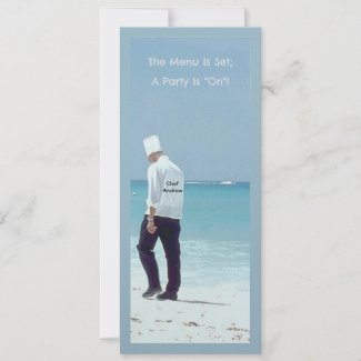 MAN IN CHEF'S HAT AND SHIRT WALKING ON BEACH INVITATION