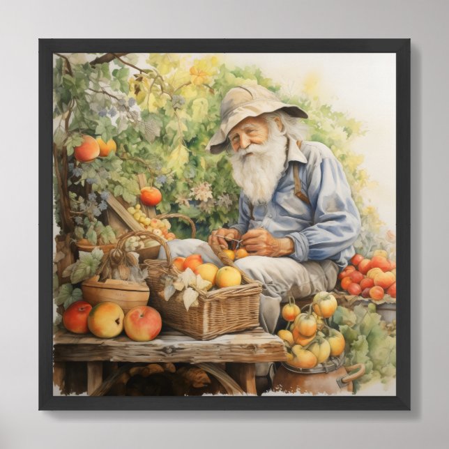 Man in fruit garden sun had tomatoes apples framed art (Framed Front)