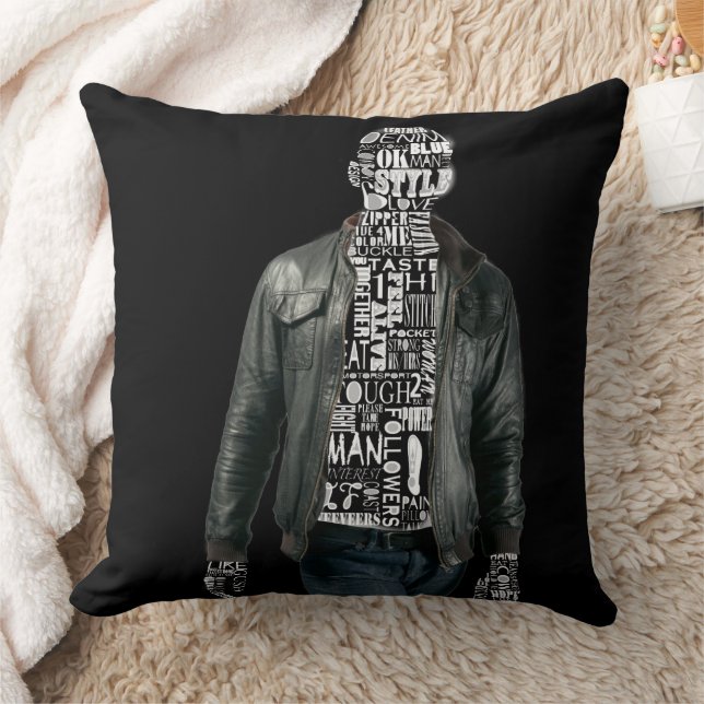 Man in Leather Jacket & Jeans Black White Throw Pillow (Blanket)