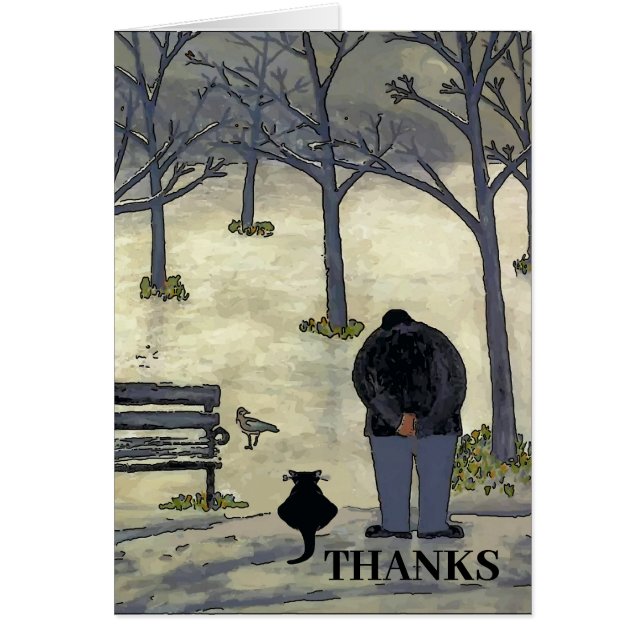 Man in Park, Cat and Bird, Thanks Cards (Front)