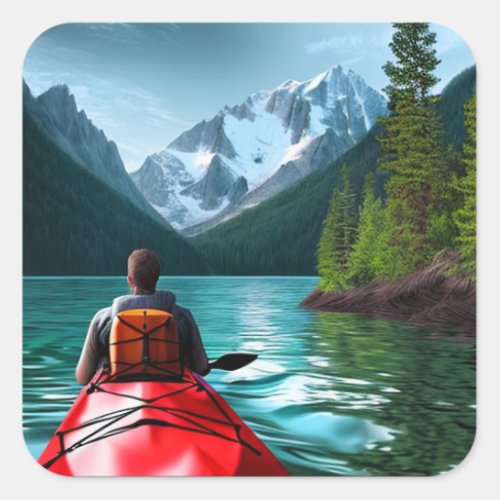 Man in Red Kayak going down the Lake Square Sticker