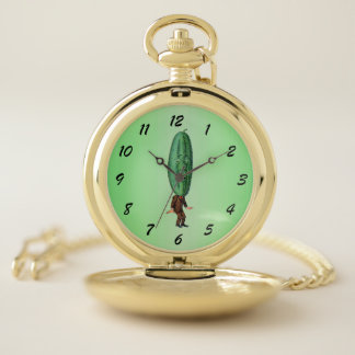 Man in Suit Big Green Pickle Head Surprised Face Pocket Watch