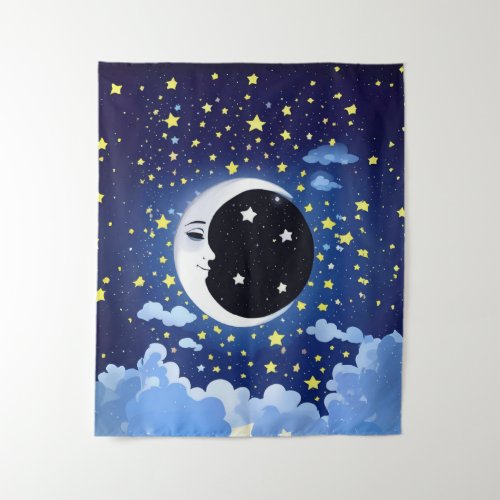 Man in the Moon on a Starry Background  Tapestry