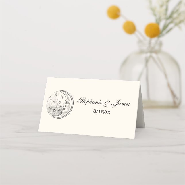 Man In the Moon Stars Escort Card Place Card Ivory (Front)