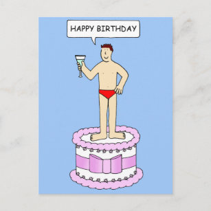 Man in Underpants on Cake Happy Birthday Postcard.