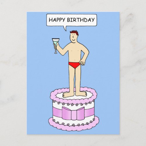 Man in Underpants on Cake Happy Birthday Postcard