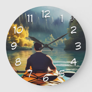 Man Kayaking on a lake surrounded by Trees Large Clock