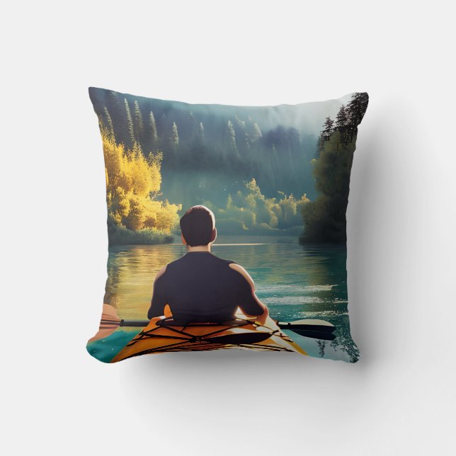 Man Kayaking on a lake surrounded by Trees  Throw Pillow (Front)