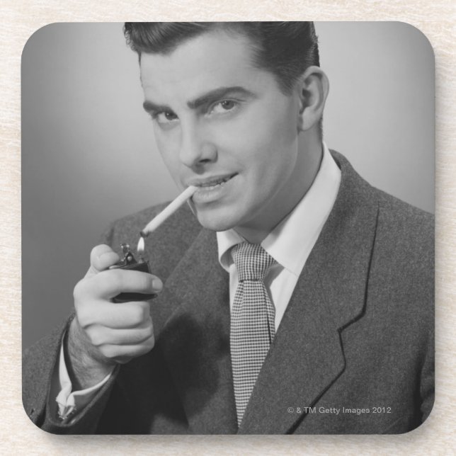 Man Lighting Cigarette Beverage Coaster (Front)