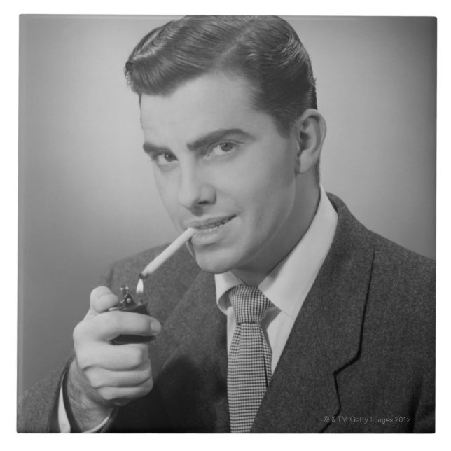 Man Lighting Cigarette Ceramic Tile (Front)