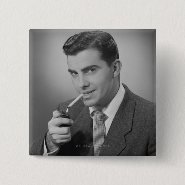 Man Lighting Cigarette Pinback Button (Front)