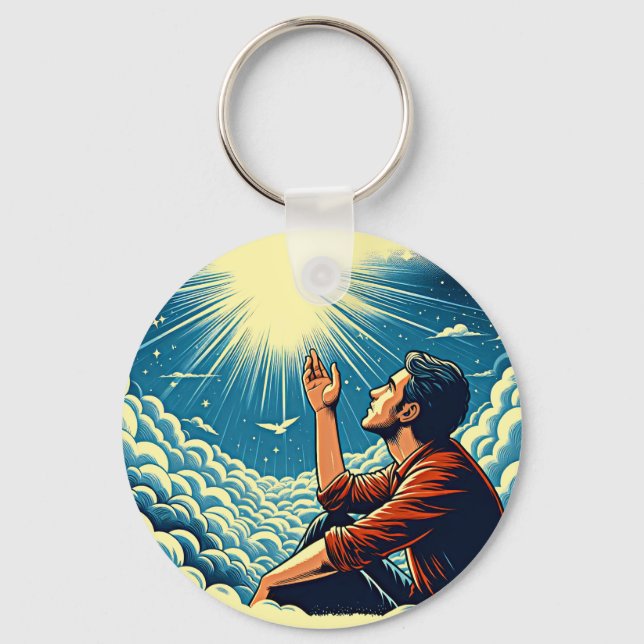 Man looking up to heaven TALKING TO gOD Keychain (Front)