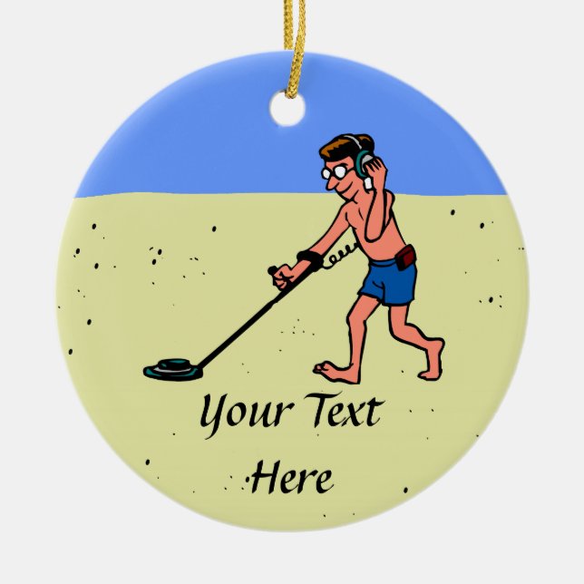 Man Metal Detecting Beach Ceramic Ornament (Front)