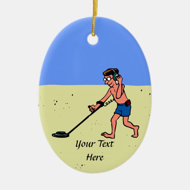 Man Metal Detecting Beach Ceramic Ornament (Front)