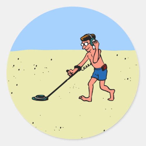 Man Metal Detecting On Beach Classic Round Sticker