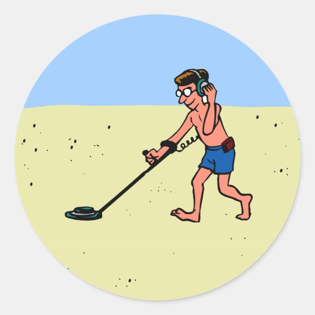 Man Metal Detecting On Beach Classic Round Sticker (Front)
