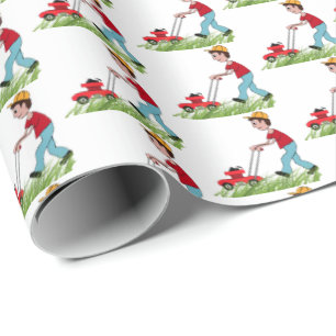 man mowing grass wrapping paper