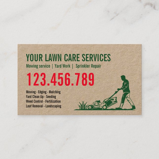 Man Mowing Grass Yarn Care Gardening Landscaping Business Card (Front)