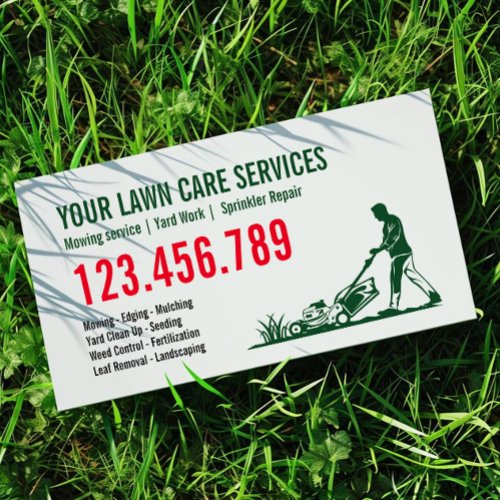 Man Mowing Grass Yarn Care Gardening Landscaping Business Card