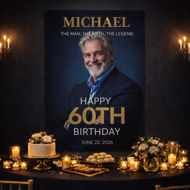 Man Myth Legend 60th Birthday Banner (Elegant navy gold 60th birthday banner for him with photo, perfect for upscale celebrations)