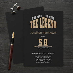Man Myth Legend Black Brushed Gold 50th Birthday Invitation