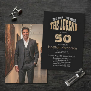 Man Myth Legend Bold Etched Black Gold 50th Photo Invitation