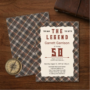 Man Myth Legend Modern Burgundy Plaid 50th Invitation