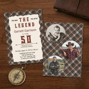 Man Myth Legend Modern Burgundy Plaid 50th Photo Invitation