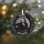 Man myth legend photo birthday glass ornament<br><div class="desc">A classic black background.   Text: The Man,  The Myth,  The Legend. Personalize and add his name,  age and photo.</div>