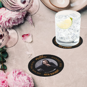 Man myth legend photo black gold birthday party round paper coaster