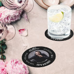 Man myth legend photo black white birthday party round paper coaster<br><div class="desc">A classic black background.   Text: The Man,  The Myth,  The Legend. Personalize and add his name,  age and photo.</div>
