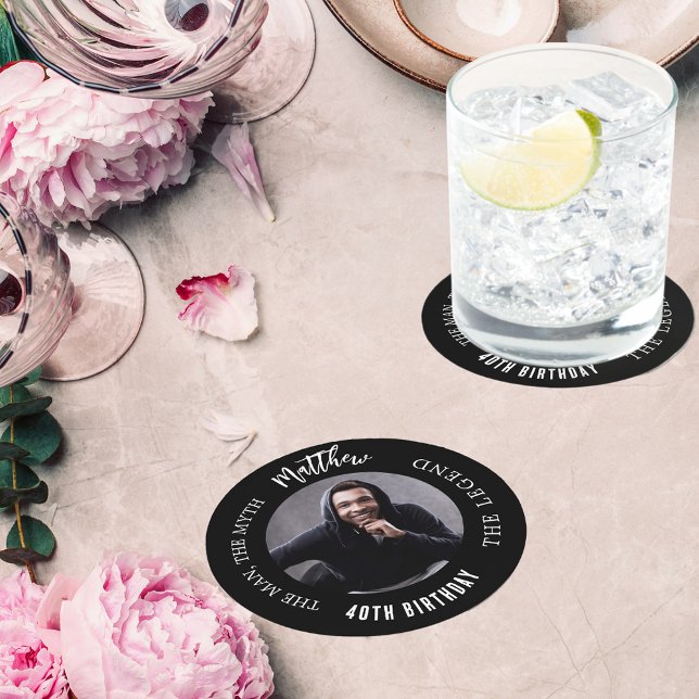 Man myth legend photo black white birthday party round paper coaster (Creator Uploaded)