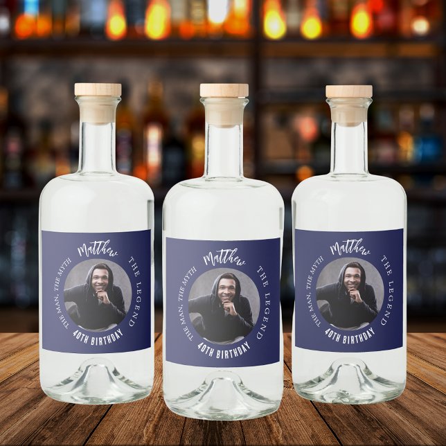 Man myth legend photo blue white birthday party liquor bottle label (Creator Uploaded)