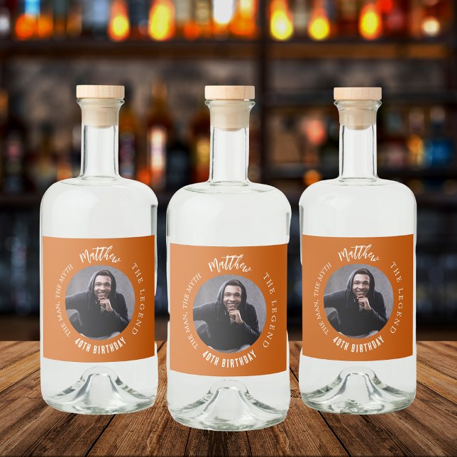 Man myth legend photo burnt orange birthday party liquor bottle label (Creator Uploaded)