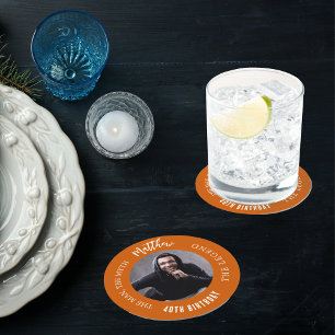 Man myth legend photo burnt orange birthday party round paper coaster