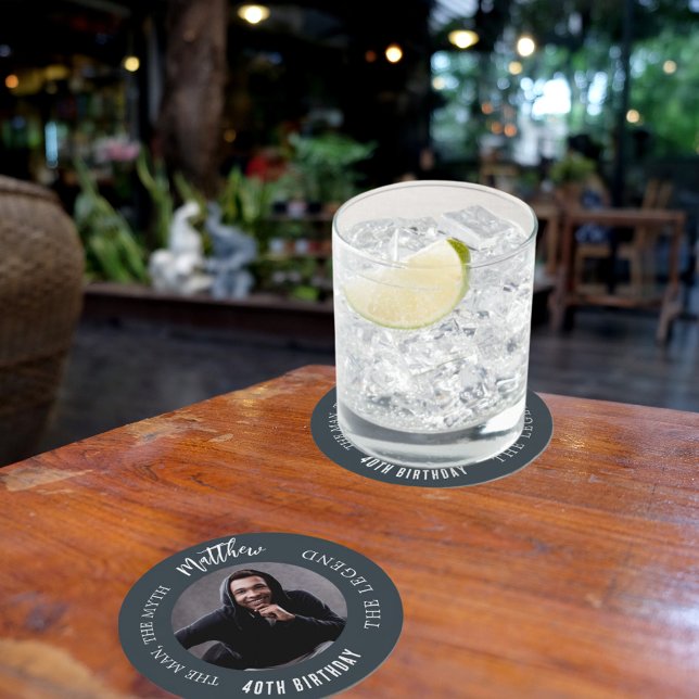 Man myth legend photo charcoal gray birthday party round paper coaster (Creator Uploaded)
