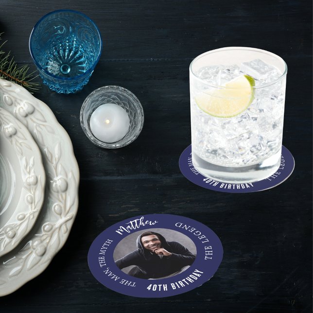 Man myth legend photo navy blue birthday party round paper coaster (Creator Uploaded)