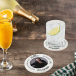Man myth legend photo white black birthday party coaster<br><div class="desc">A stylish white background.   Text: The Man,  The Myth,  The Legend. Personalize and add his name,  age and photo. Black text.</div>