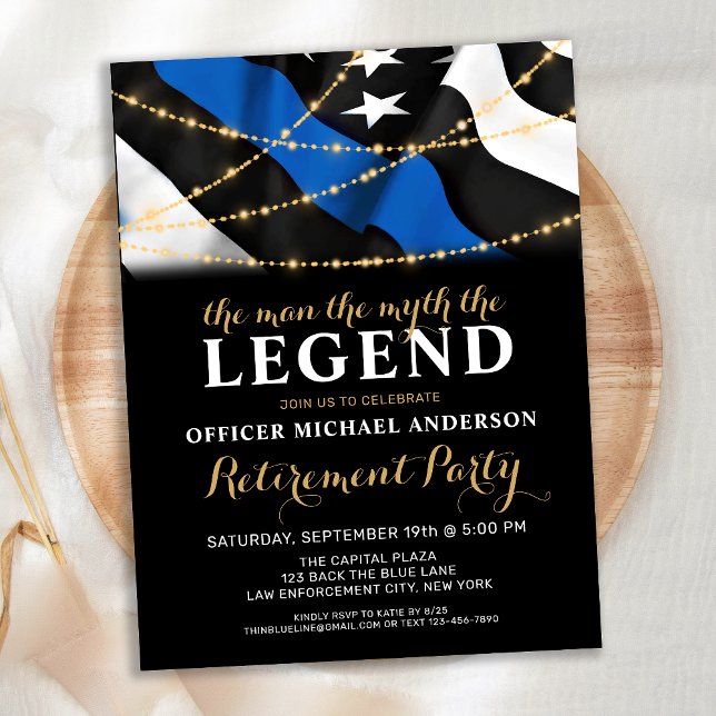 Man Myth Legend Thin Blue Line Police Retirement Invitation Postcard (Creator Uploaded)