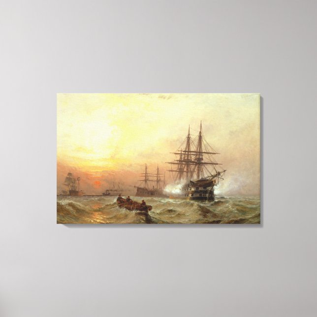 Man-o'-War firing a salute at sunset Canvas Print (Front)