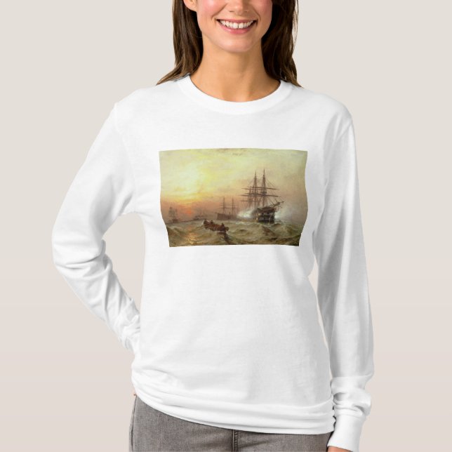 Man-o'-War firing a salute at sunset T-Shirt (Front)