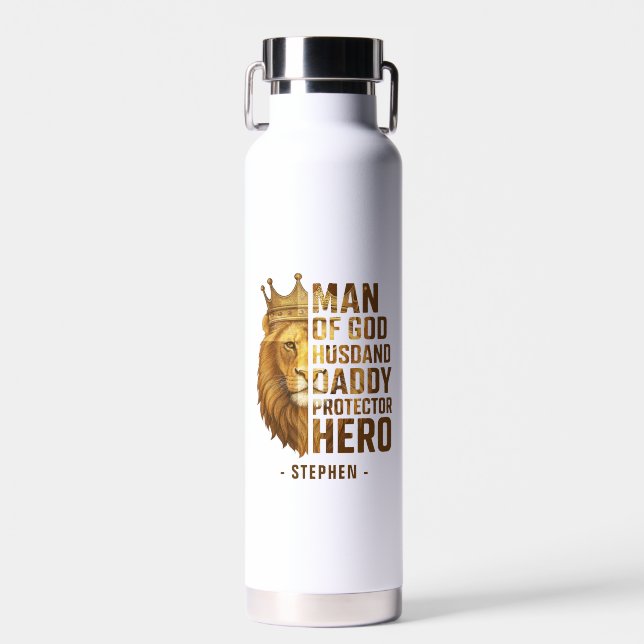 Man of God Lion Crown Design – Husband, Daddy Water Bottle (Front)