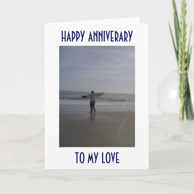 MAN ON BEACH DECLARES HIS LOVE ON ANNIVERSARY CARD (Front)