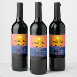 Man on Beach - Greeting to the Sun Personalized Wine Label