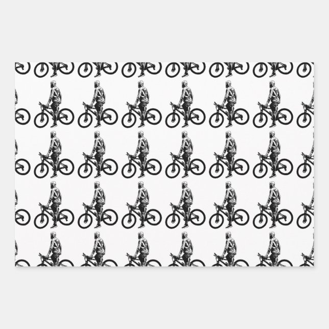 Man on bicycle graphic motif pattern wrapping paper sheets (Front)
