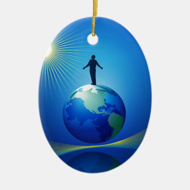 Man on Globe Ceramic Ornament (Front)