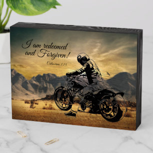 Man on Motorcycle I Am Redeemed & Forgiven Wooden Box Sign