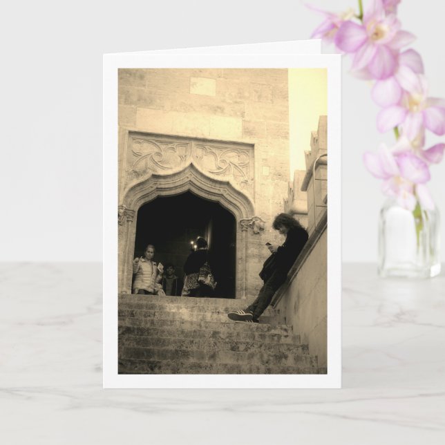 Man outside Llotja de la Seda, Valencia, Spain Card (Orchid)
